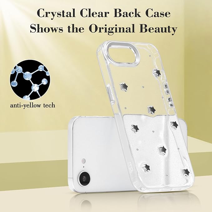 EYZUTAK Case for iPhone 16e, Bling Glitter 3D Stars Phone Case Cute Sparkly Crystal Clear Star Aesthetic Design Cover Slim Soft Durable TPU Transparent Protective Cover for Women Girls - Star