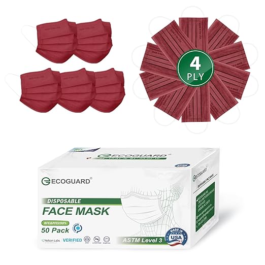 Disposable Face Masks Made in USA, 4 Ply for Families, Students, Breathable All-Day Wear & Safety, FSA HSA Eligible, ASTM Level 3 Medical Grade, 50 Pack, Burgundy