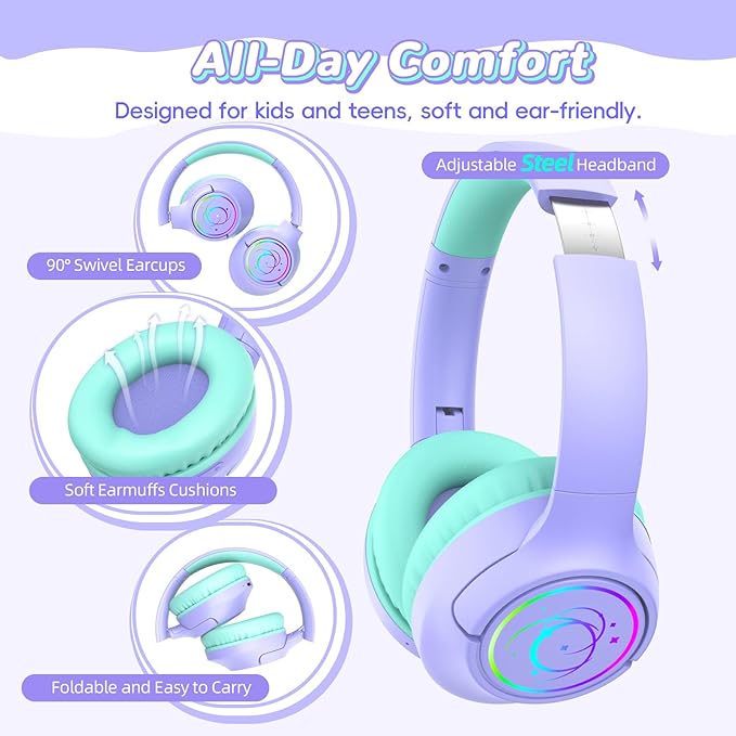 Kids Bluetooth Headphones, 85H Playtime Wireless Headphones for Kids, Colorful LED Lights, 85/94dB Safe Volume Limit, Bluetooth 5.4 Built-in Mic Toddler Headset for Tablet/Airplane/Travel (Purple)