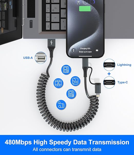USB to USB C and Lightning Cable Support Apple Carplay & Android Auto - 3A Fast Charge & 480Mbps Data Sync Coiled Lightning Cable USB C iPhone Charger Cord for iPhone 16 15 14 13 12 11 Android