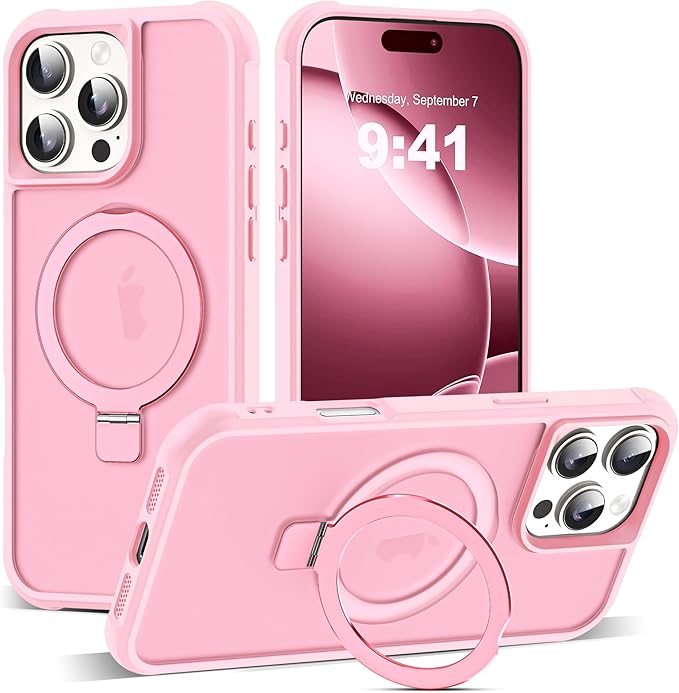 Compatible with iPhone 16 Pro Max Case with Invisible Magnetic O-Ring Stand Military-Grade Translucent Case for iPhone 16 ProMax 6.9" [Compatible with Mag-Safe][Great Grip Feeling], Pink