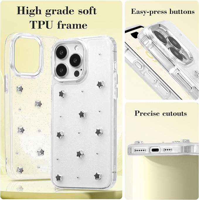 EYZUTAK Case for iPhone 15 Pro Max, Bling Glitter 3D Stars Phone Case Cute Sparkly Crystal Clear Star Aesthetic Design Case Slim Soft Durable TPU Transparent Protective Cover for Women Girls - Star