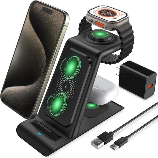 HATALKIN 3 in 1 Wireless Charging Station Compatible for Apple Products Multiple Devices Charger for Apple Watch Ultra 11 10 9 8 7 SE AirPods Pro iPhone 17 16 15 14 13 Pro Max/X/XS Fast Charger Stand