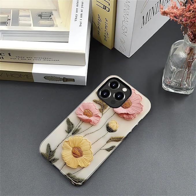 Case for iPhone 15 Pro Case,Faux Embroidery Boho Floral Design - Hybrid Dual Protection Silicone + Hard PC Shockproof Full Body Cover Slim Anti-Scratch Protective Case for Men Women