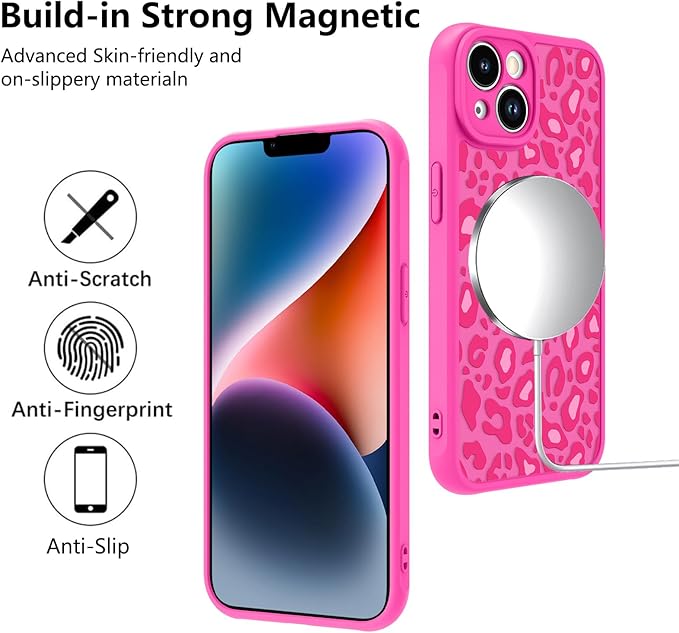 KANGHAR Case for iPhone 14 Plus Hot Pink Leopard Printed Pattern Cute Cheetah [Compatible with Magsafe] Protective Magnetic Case for Girls Women 6.7"