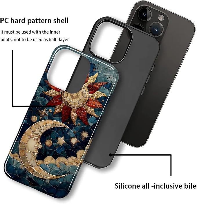 Case for iPhone 13 Pro Max Case,Sun Moon Stars Faux Stained Glass Design Hybrid Dual Protection Silicone + Hard PC Shockproof Full Body Cover,Slim Anti-Scratch Protective for Men Women