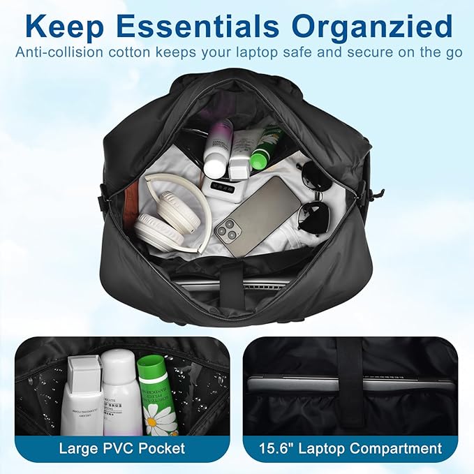 Felipe Varela Large Puffy Tote Bag, Gym Bags for Women with Shoe Compartment, Weekender Overnight Lightweight Carry on Puffer Duffle Bag for Travel (Black,36L)