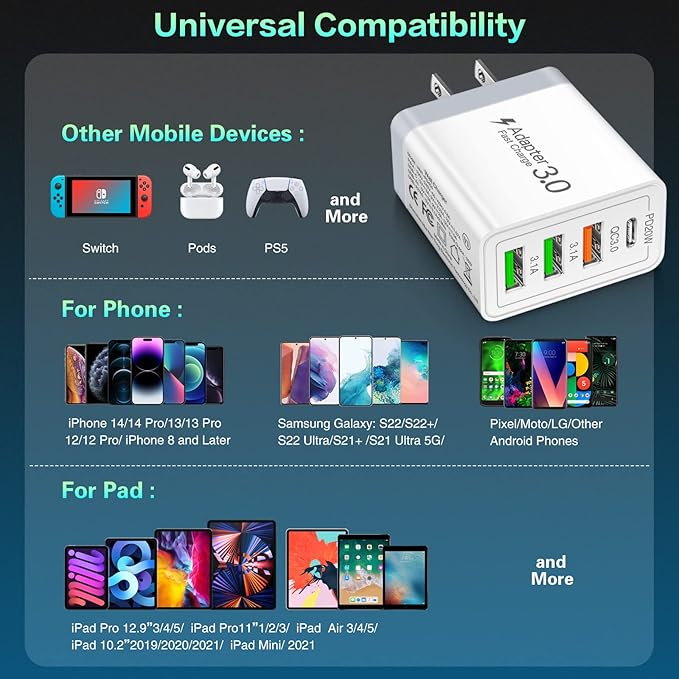 35W USB C Fast Charging Block [4-Pack], 4-Port PD 3.0 + Quick 3.0 Fast Type C Wall Charger Power Adpater Fit for iPhone 16/15/15 Pro/12/13/14 /Pro Max/XS/XR/X, Pad Pro,Samsung Galaxy, Tablet