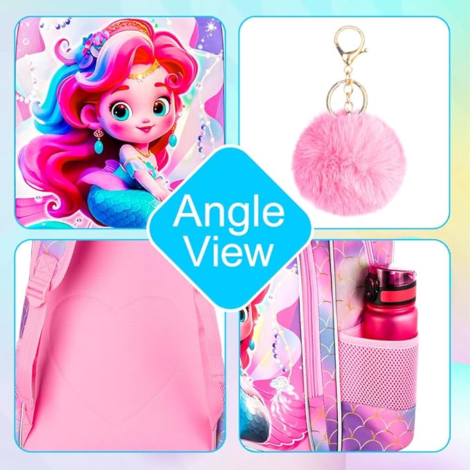 3Pcs Mermaid Backpack for Girls, 16" Kids Bookbag with Lunch Box，School Backpacks for Elementary Preschool Kindergarten (Pink)