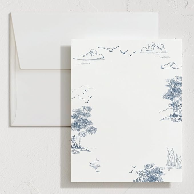 Minted Lake Side Toile Stationery Set, Set of 10 Flat Note Cards & Envelopes for Invitiations and Handwritten Thank You Messages, Toile Design, Lake & Forest Scene, Gifts for Women, Luxurious Paper