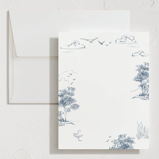 Minted Lake Side Toile Stationery Set, Set of 10 Flat Note Cards & Envelopes for Invitiations and Handwritten Thank You Messages, Toile Design, Lake & Forest Scene, Gifts for Women, Luxurious Paper