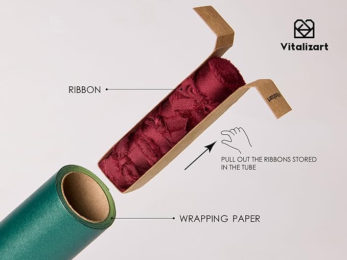 Vitalizart Green Wrapping Paper Set 17" Pearly-Lustre With Silk Like Satin Ribbon & Gift Tags Recyclable Eco-Friendly Christmas Gift Wrapping Birthday Baby Shower Wedding Handmade Crafts 197"(16.4 Ft)