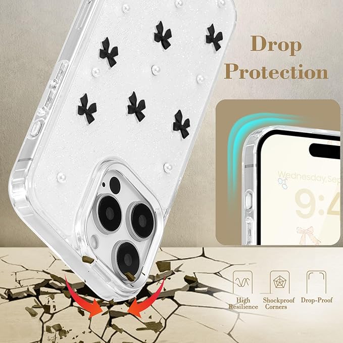 EYZUTAK Case for iPhone 15 Pro Max, Bling Glitter 3D Bowknot Phone Case Cute Sparkly Crystal Clear Bow Aesthetic Design Case Slim Soft Durable TPU Transparent Protective Cover for Women Girl-Black Bow