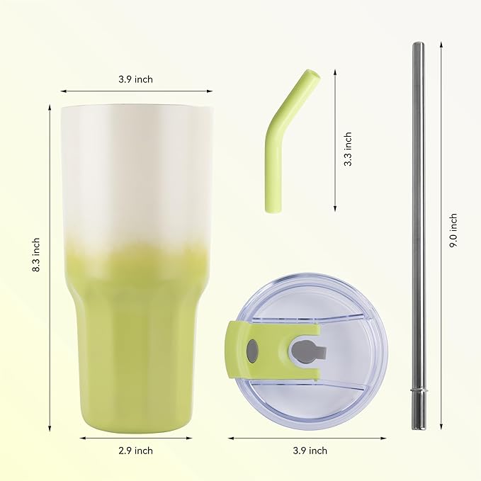 VEGOND 30 oz Insulated Stainless Steel Tumblers with lid and straw Bulk Pack Coffee Mug with Non-Slip Silicone Base, Sweat Proof Powder Coated Cup for Hot Cold Drinks, Green and Yellow 8Pack