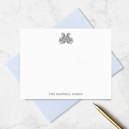 Classic 1 Letter Monogram Note Card and Envelope Stationery Set, Traditional Monogrammed Personalized Stationary in Choice of Set Size and Colors (Monogram with Name at Bottom)