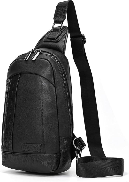Genuine Leather Sling Bag Multi-pocket Chest Bag for Men Hiking Travel Daypack
