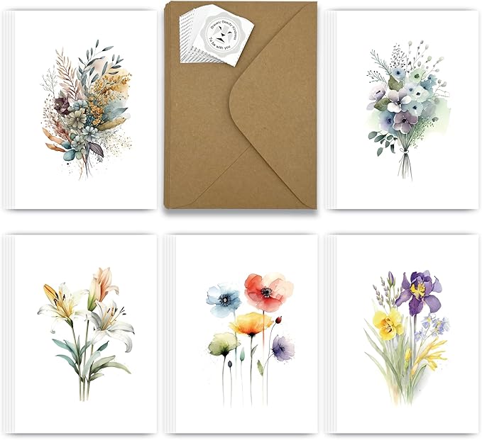 25 Watercolor Flowers Greeting Cards All Occasion Blank Note Cards with Envelopes