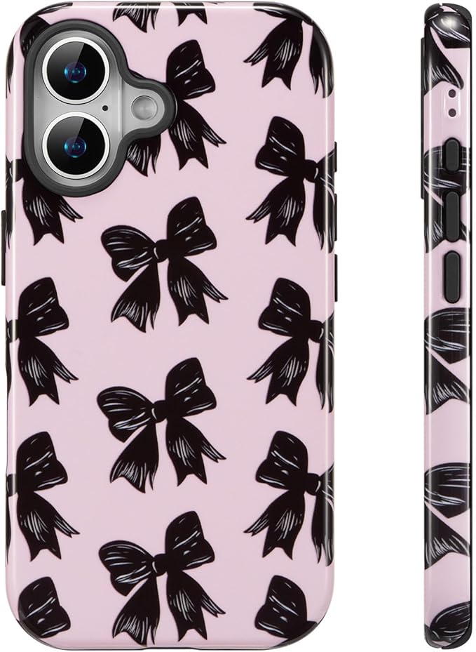 QLTYPRI Case for iPhone 16, Aesthetic Black Ribbon Bow Phone Case for Girls Women, Protective Hybrid 2-Layer Hard Shell Silicone Cover Durable Shockproof Phone Cover - Pink