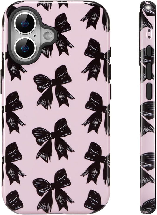 QLTYPRI Case for iPhone 16, Aesthetic Black Ribbon Bow Phone Case for Girls Women, Protective Hybrid 2-Layer Hard Shell Silicone Cover Durable Shockproof Phone Cover - Pink
