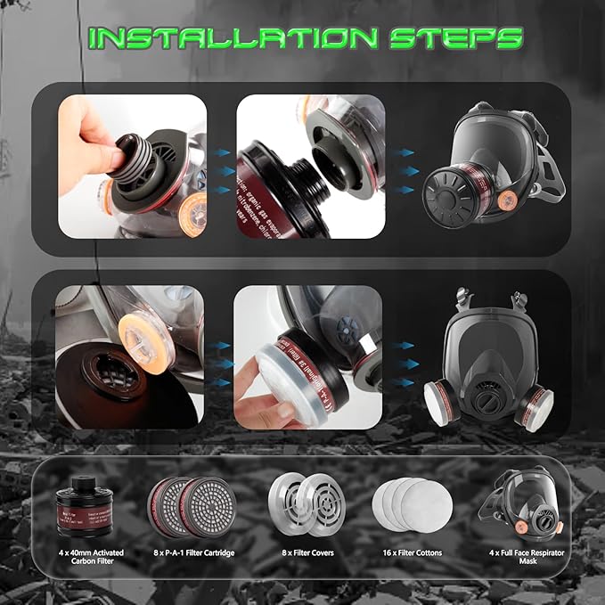 HANUU Gas Masks Survival Nuclear and Chemical, Gas Mask with 40mm Activated Carbon Filter and P-A-1 Filters, Tactical Full Face Respirator Mask for Vapor Chemicals Spray Paint Resin Dust (4 Pack)