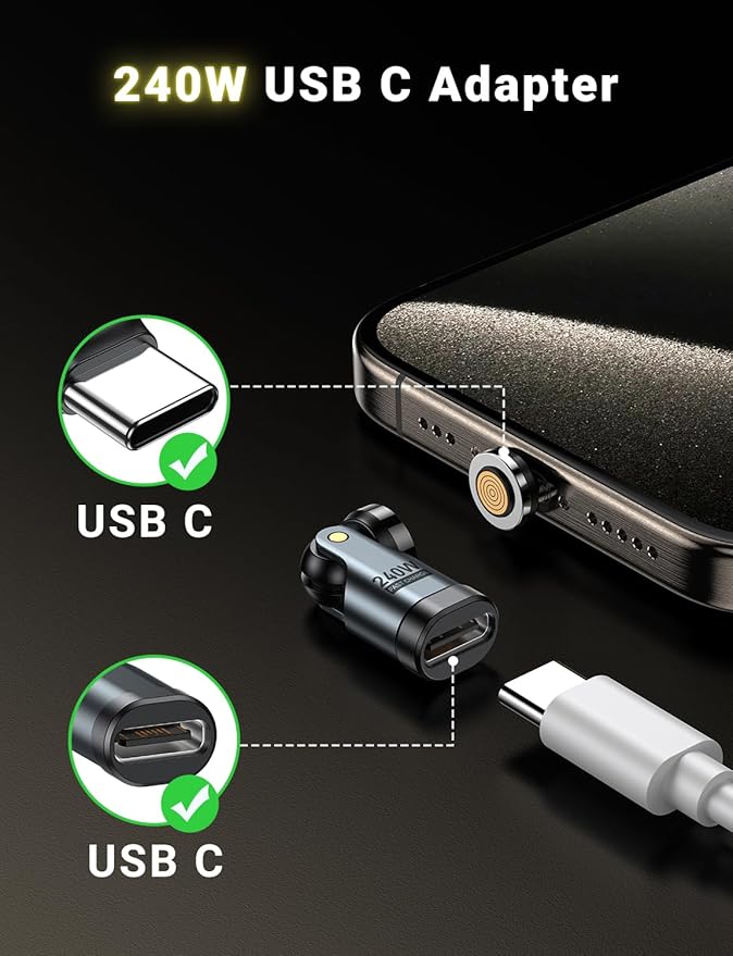 A.S 240W USB C Magnetic Adapter (3Pack), Gen3 USB C 90 Degree Adapter/C Right Angle Adapter/180 Degree USBC Adapters/USBC to USBC Adapters for Phone 16/15, Ma-Book Pro/Pad Series, Samsung