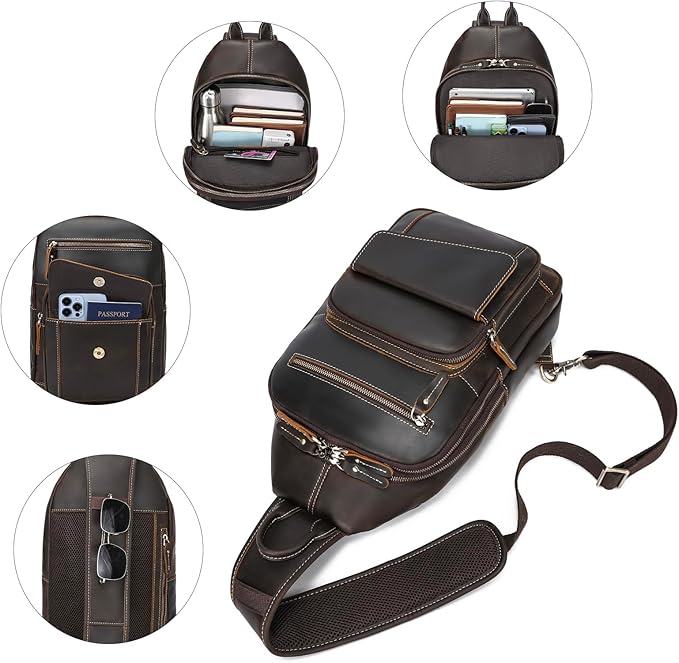 LANNSYNE Full Grain Leather Casual Sling Bag For Men Hiking/Travel/Business Crossbody Chest Bag Fits 12.9" iPad