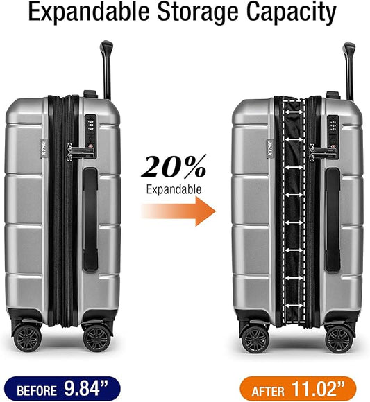 KYME Hardside Expandable Carry On Luggage 22x14x9 Airline Approved 20 Inch Hardshell Carry On Suitcase with Wheels TSA Lock Small Travel Rolling Luggage with Cup Holder for Women Men Silver