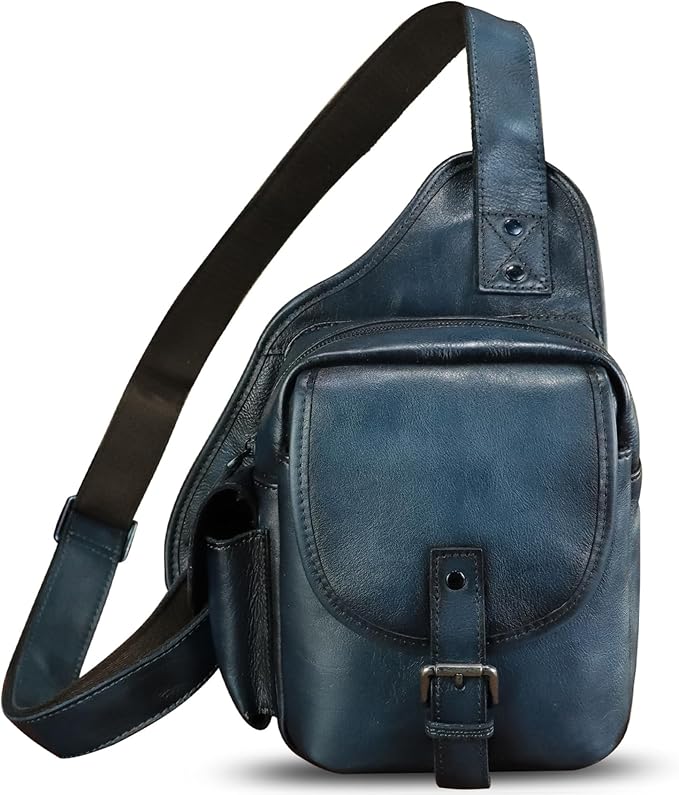 Genuine Leather Sling Bag for Men Women Chest Bag Crossbody Bag Vintage Sling Backpack Purses Hiking Sports Travel (Blue)