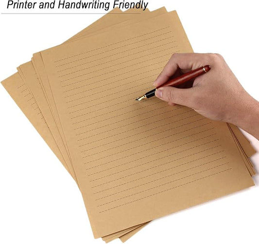 100pcs Vintage Kraft Stationary Paper 8.3 x 11.5 inch, A4 Sheets 120gsm Printable Lined Stationery Writing Letter Papers Bulk Set for Personalized Letters, Creative Poems, Lyrics, Office Notes
