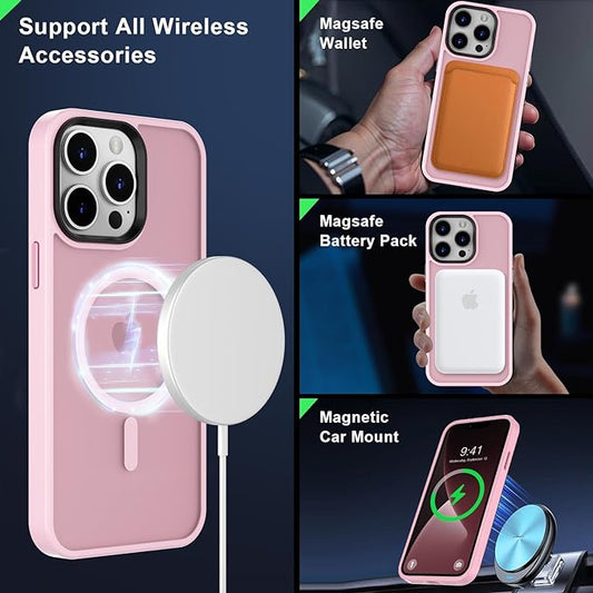 MOCCA Strong Magnetic for iPhone 13 Pro Max Case,[Compatible with Magsafe][Glass Screen Protector+Camera Lens Protector] Slim Thin Shockproof Cover Phone Case for iPhone 13 Pro Max 6.7", Pink