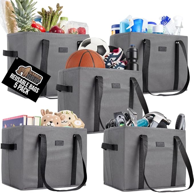 GORILLA GRIP Heavy Duty Foldable Reusable Grocery Bags, 5 Pack, Tear Resistant Box Shape Shopping Tote with Reinforced Handles, Grip Feet, Easily Carry and Transport Groceries, 13x10x11, Gray Black