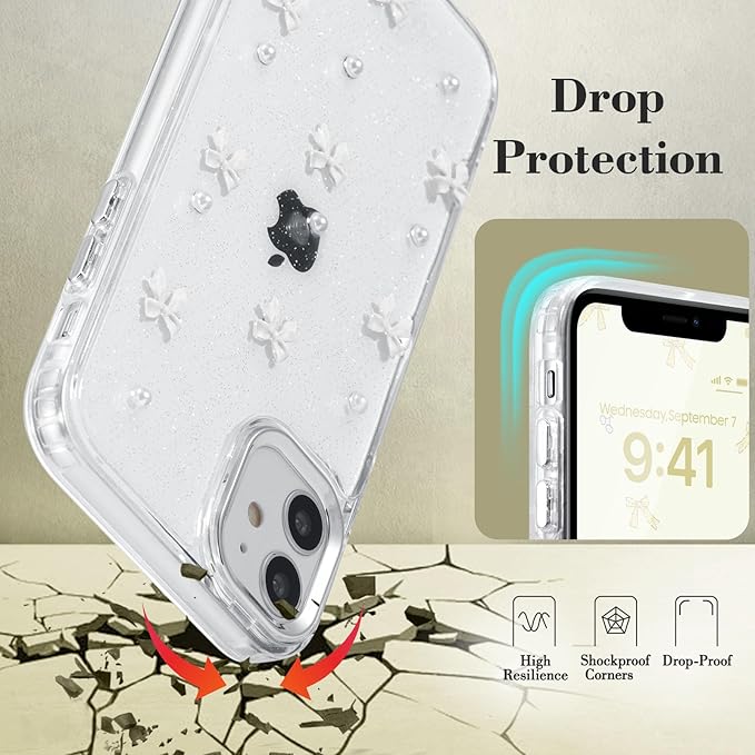 EYZUTAK Case for iPhone 12/iPhone 12 Pro, Bling Glitter 3D Bowknot Phone Case Cute Sparkly Crystal Clear Bow Aesthetic Case Slim Soft Durable TPU Transparent Protective Cover for Women Girls-White Bow