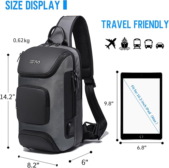 SMONT Sling Bag Crossbody for Men, 14.2 inch Anti Theft Waterproof Chest Shoulder Bag with USB Charging Port