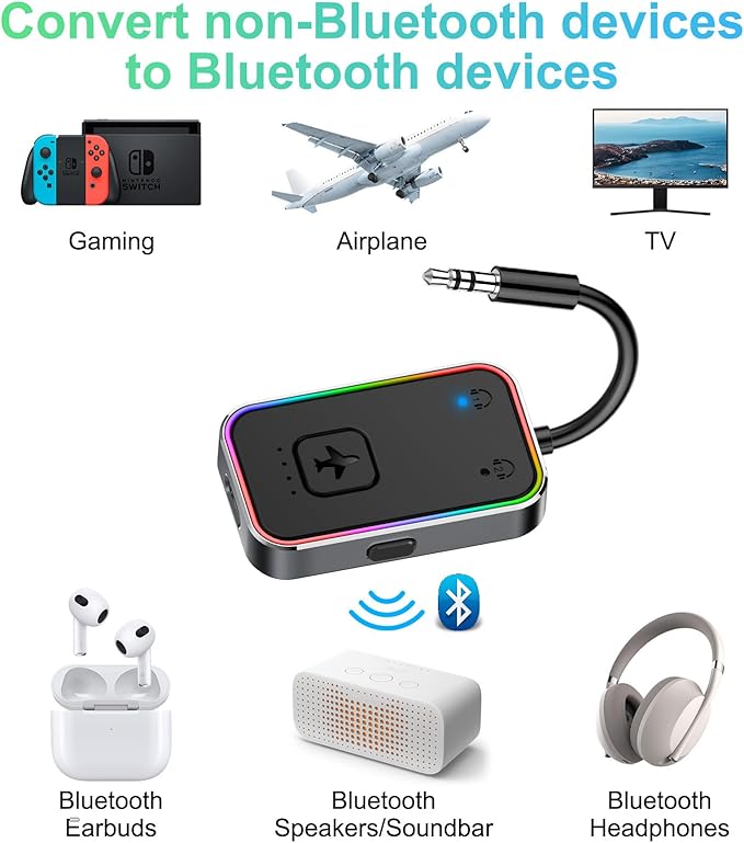 2025 Beeitzie Ultra Airplane Bluetooth 5.4 Transmitter for All Headphones, aptX LL, Supports 2 Headphones/AirPods, Wireless Audio Adapter for in-Flight, TV, Gym, Tablets，Metal Frame