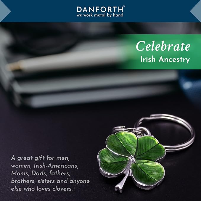 DANFORTH Four Leaf Clover Keychain (Green) | Pewter | Durable, Handcrafted Pewter Lucky Charm | St. Patricks Day Accessories | 1 ½” Tall x 1 ¼” Wide | Made in the USA