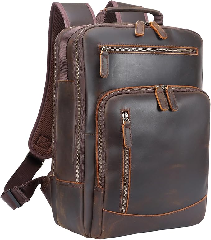 TIDING Full Grain Leather Backpack for Men, Vintage 15.6 Inch Laptop Bag Casual Bookbag Work Business Daypacks