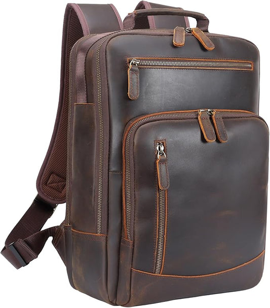 TIDING Full Grain Leather Backpack for Men, Vintage 15.6 Inch Laptop Bag Casual Bookbag Work Business Daypacks