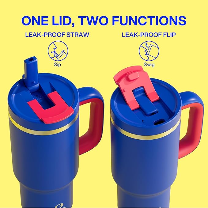 32 oz Tumbler with Handle and Straw: Stainless Steel Insulated Tumbler Keeps Cold for 24 Hours, Leakproof Travel Cup Fits in Cup Holder and BPA-Free, Beaucoup Blue