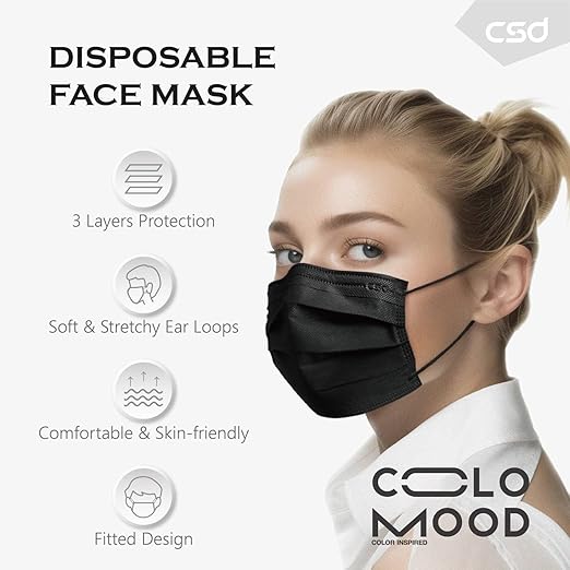 CSD Colo 30 Pcs Black Disposable Face Masks, 3 Ply Adult Mask with Elastic Ear Loop, Nose Bridge Clip, Breathable Comfortable Mask Great for Indoor, Outdoors Use (Cool Black)