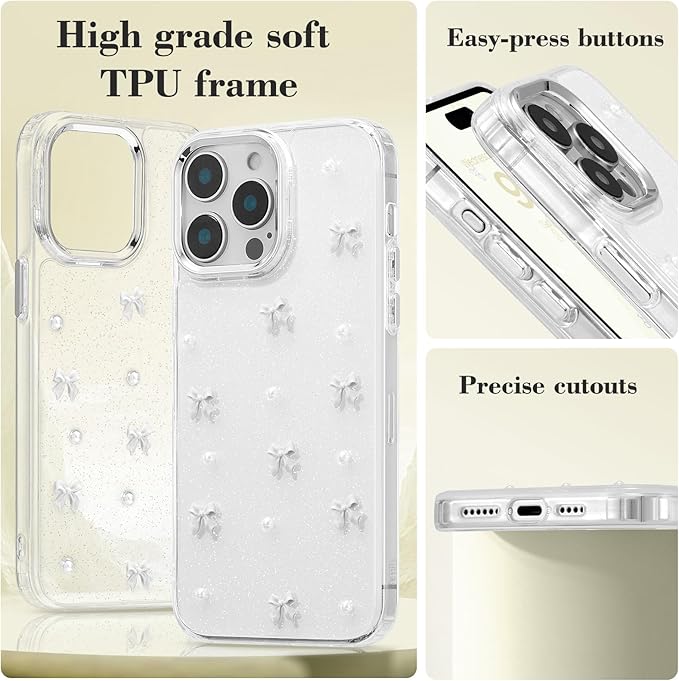 EYZUTAK Case for iPhone 13 Pro, Bling Glitter 3D Bowknot Phone Case Cute Sparkly Crystal Clear Bow Aesthetic Design Case Slim Soft Durable TPU Transparent Protective Cover for Women Girl - White Bow