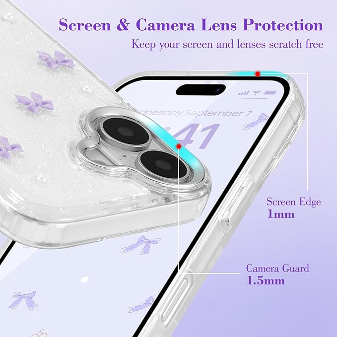EYZUTAK Case for iPhone 16 Plus, Bling Glitter 3D Bowknot Phone Case Cute Sparkly Crystal Clear Bow Aesthetic Design Case Slim Soft Durable TPU Transparent Protective Cover for Women Girl - Purple Bow