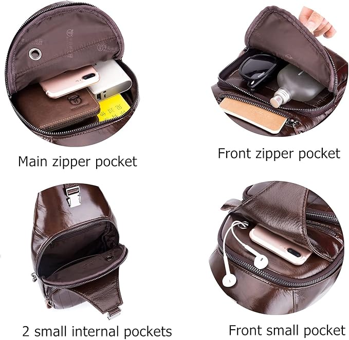 BULLCAPTAIN Men Sling Chest Bag Genuine Leather Casual Multipurpose Crossbody Shoulder Backpack Travel Hiking Daypack (Brown)