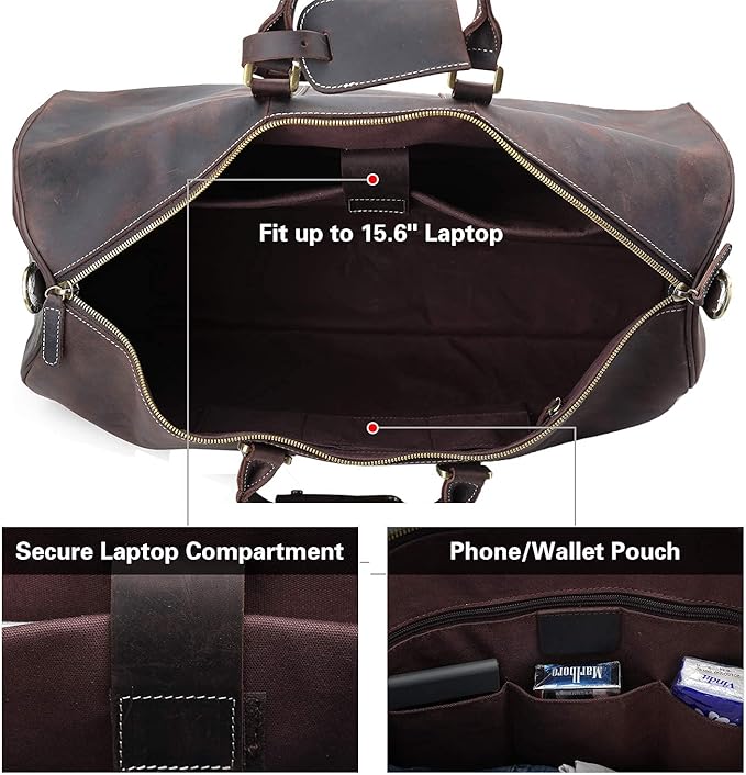 Polare 23'' Classic Full Grain Leather Travel Duffel Weekender Bag Overnight Duffle Bag For Men