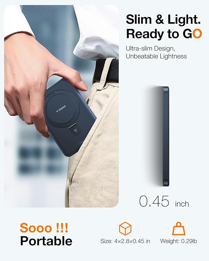 TORRAS EasyGo 0.45" Slim Magnetic Portable Charger Power Bank for iPhone, 5000mAh 22.5W PD Fast Charging Wireless Battery Pack Compatible with Magsafe, i Phone 17 Pro Max,Pro,16,15,14,13,12, Black
