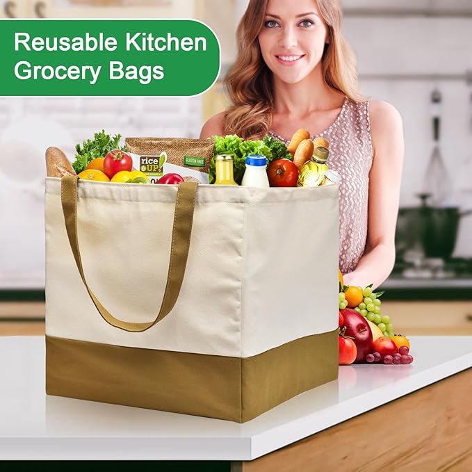 Canvas Reusable Grocery Bags, Heavy Duty 8.3 gal Foldable Large Canvas Tote Bag, Holds 60 lbs, 1 Pack