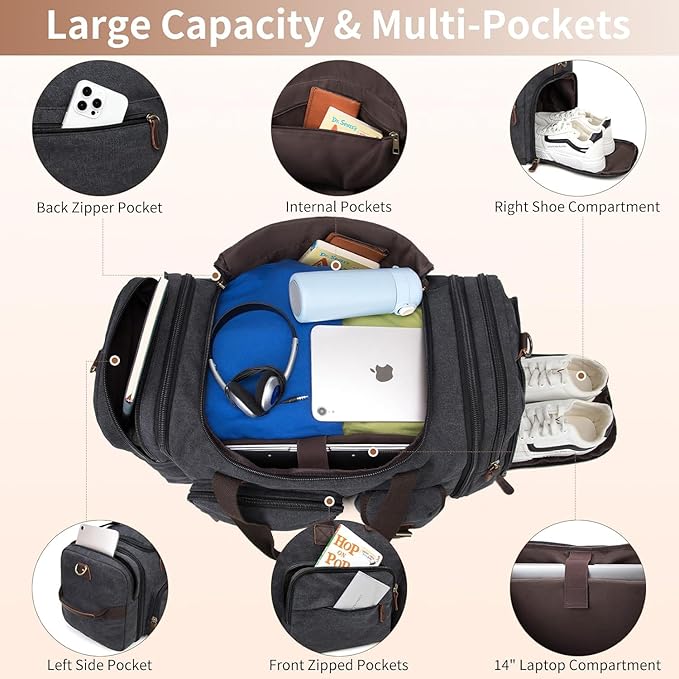 Mens Duffle Bag for Travel 60L Expandable Canvas Weekender Overnight Travel Duffel Bag with Shoe Compartment Carry-On for Airplanes Dark Gray