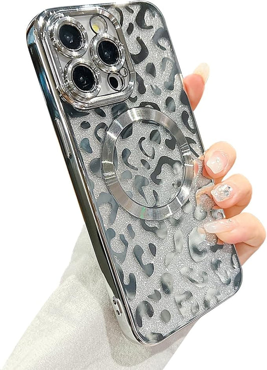 for iPhone 15 Pro Max Case Magnetic,Soft Cute Luxury Leopard Cheetah Pattern Plating Glitter Bling Phone Case Compatible with MagSafe Clear Shockproof Back Cover for Women Girl 6.7"-Silver