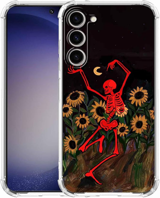 Case for Samsung Galaxy S23+ with Dancing Skull Design,Cute Hippie Skeleton Flowers Pattern,Clear Soft TPU Bumper Phone Cover,6.6"(Skull,S23P)