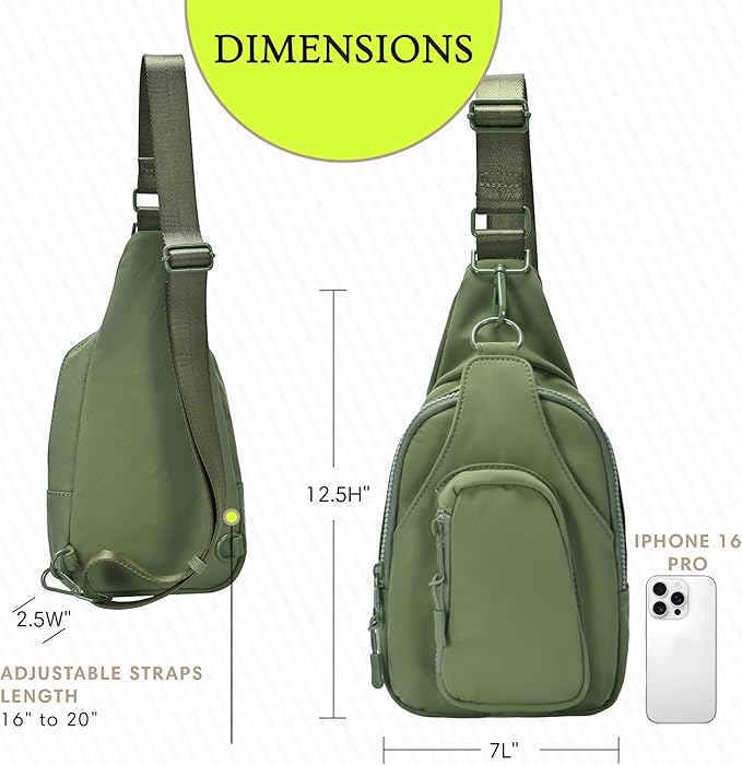 Antik Kraft Tasha Nylon Crossbody Sling (Moss) | Crossbody Bag for Women with 16-20" Strap | Nylon Sling Bag for Women | 7in x 2.5in x 12.5in |