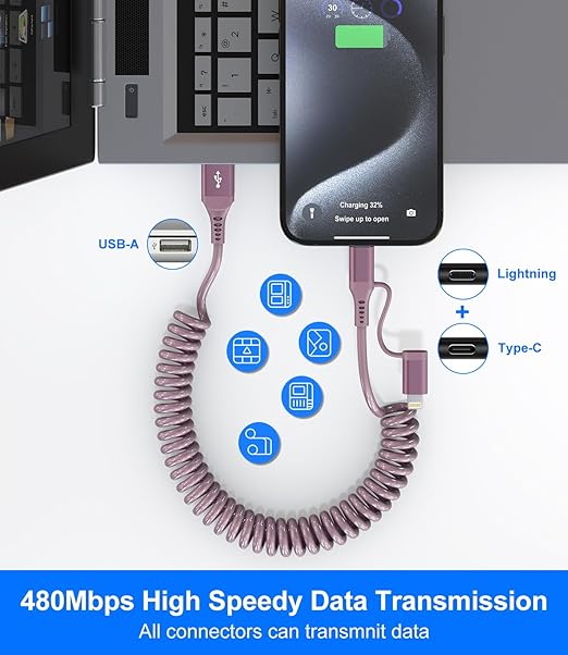 USB to USB C and Lightning Pink Car Charger Cable - Pink iPhone Charger Coiled Lightning Cable Type-C Charging Cord Support Apple Carplay & Android Auto & Data, for iPhone 16 15 14 13 12 11 Android